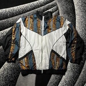 Vintage 80s Bold Spirit Black White Stripes Color Pattern Full Zip Nylon Jacket